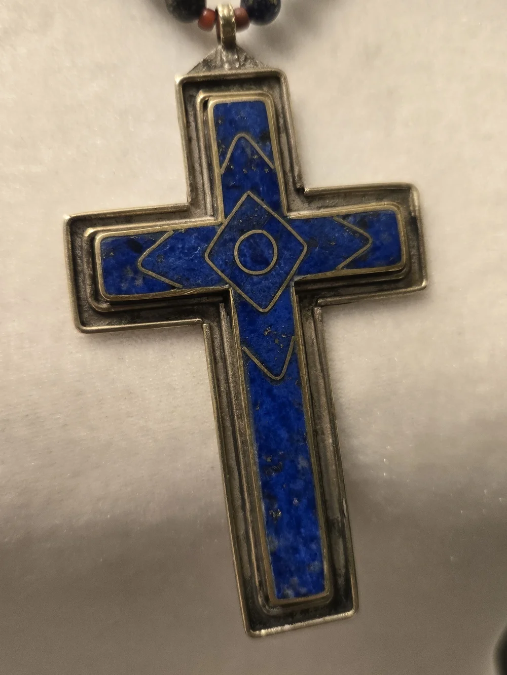 Vintage 925 Tasco Layered Blue & Coral Beaded Cross Necklace - Unbranded